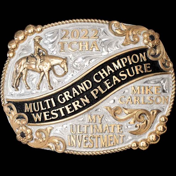 The Stockyard Custom Belt Buckle is a great buckle for year end awards and trophies. Features a bronze bead, rope and floral edge with plenty of room for letters.  Customize it today!